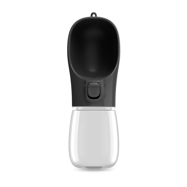 Portable water cup for cats, featuring a sleek black top and clear bottom for easy hydration on the go.