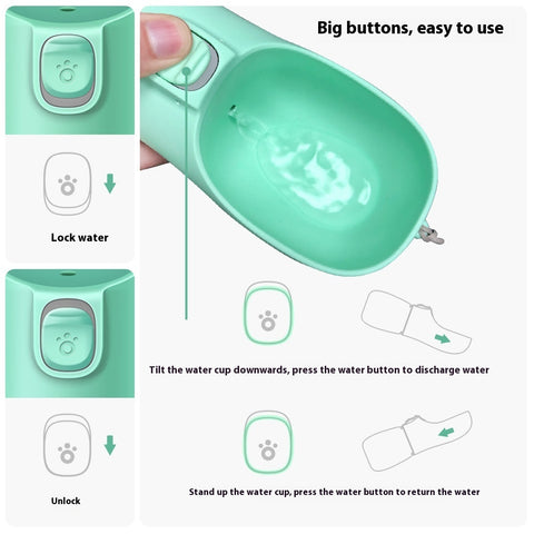 Infographic showing how to use a pet portable water cup with lock and unlock functions and easy button operation.