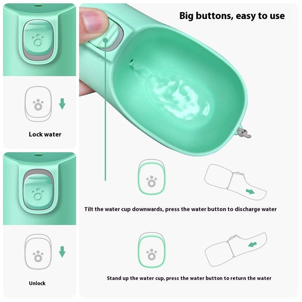 Infographic showing how to use a pet portable water cup with lock and unlock functions and easy button operation.