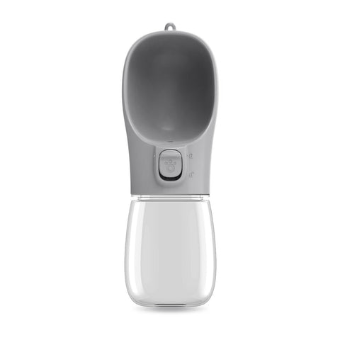Gray portable pet water cup for cats with a top bowl and button, ideal for on-the-go hydration.