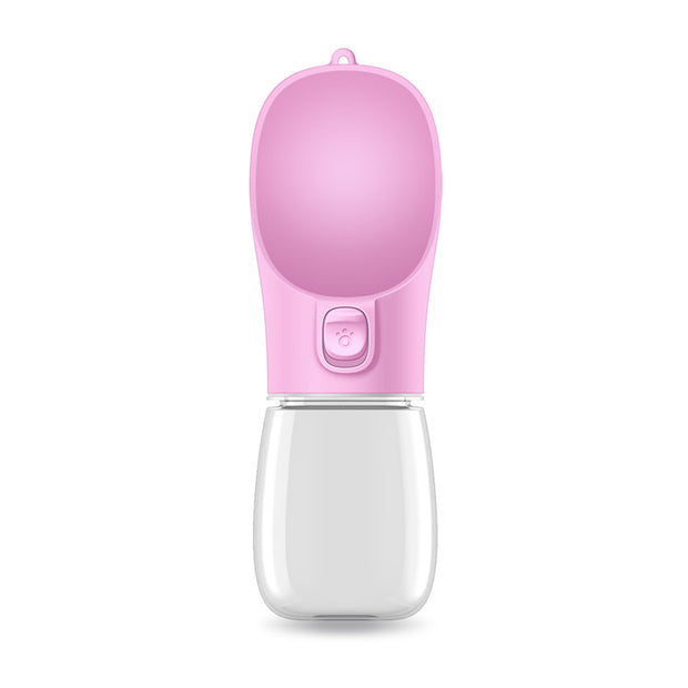 Portable pink water cup for pets, designed for easy hydration on the go.