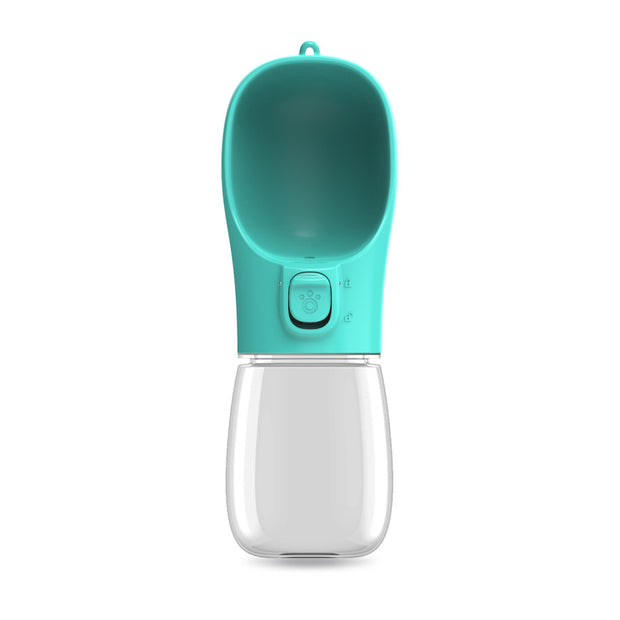 Portable cat water fountain in teal color, featuring a user-friendly design and a clear water container.